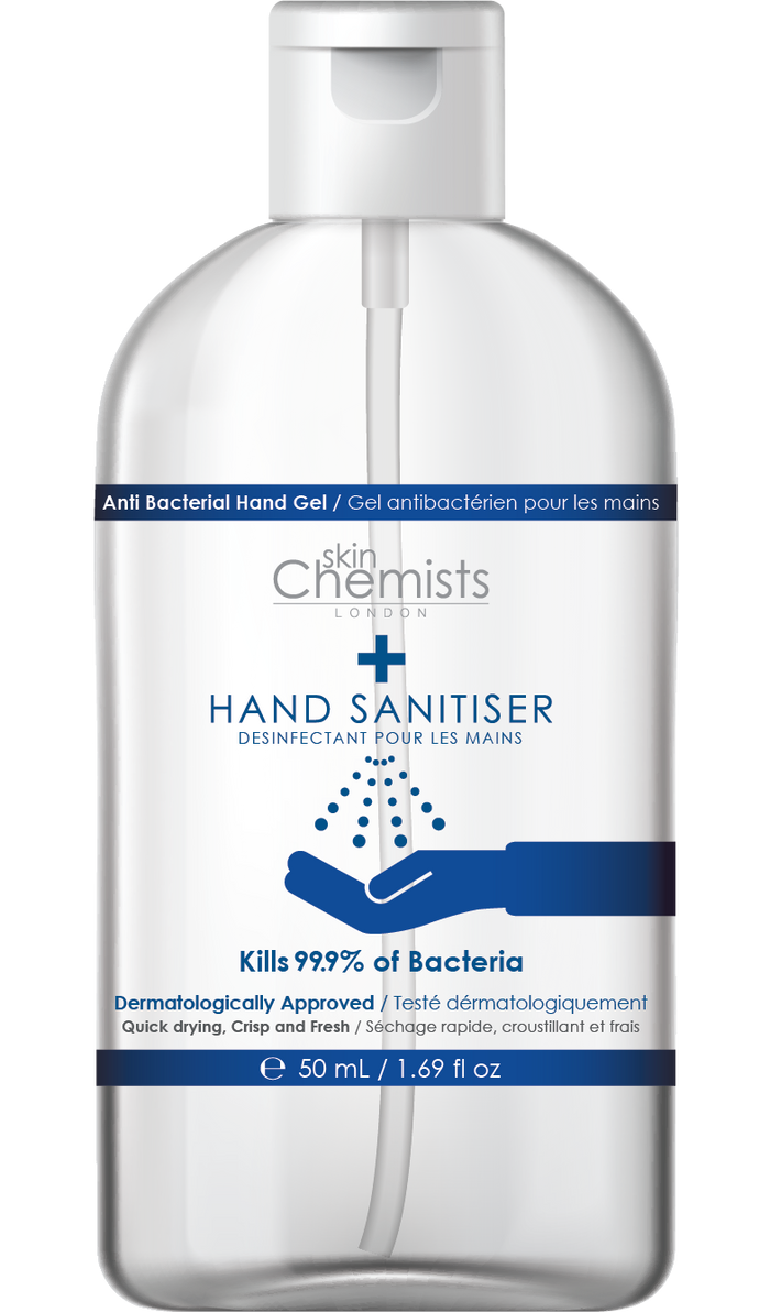 SkinChemists London hand sanitizer bottles, 250ml and 50ml high-strength, made in UK, with clear labels and pump dispensers.