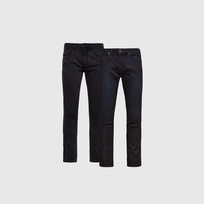 Slim Indigo & Black Comfort Stretch Jeans, side-by-side with five-pocket design.
