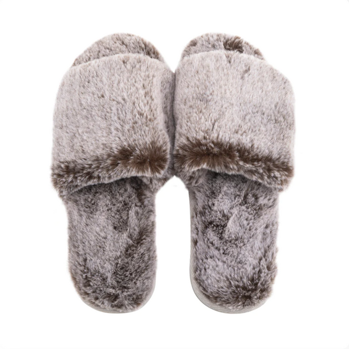 Soft and cozy gray plush slippers designed for ultimate comfort and relaxation, featuring a fluffy texture perfect for indoor wear, labeled Slipper - Gray | Lemon.