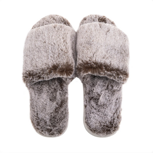 Soft and cozy gray plush slippers designed for ultimate comfort and relaxation, featuring a fluffy texture perfect for indoor wear, labeled Slipper - Gray | Lemon.