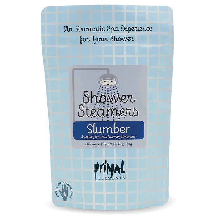 Package of Slumber Shower Steamer | Primal Elements with a soothing lavender and clementine scent for a relaxing aromatic spa experience in the shower.