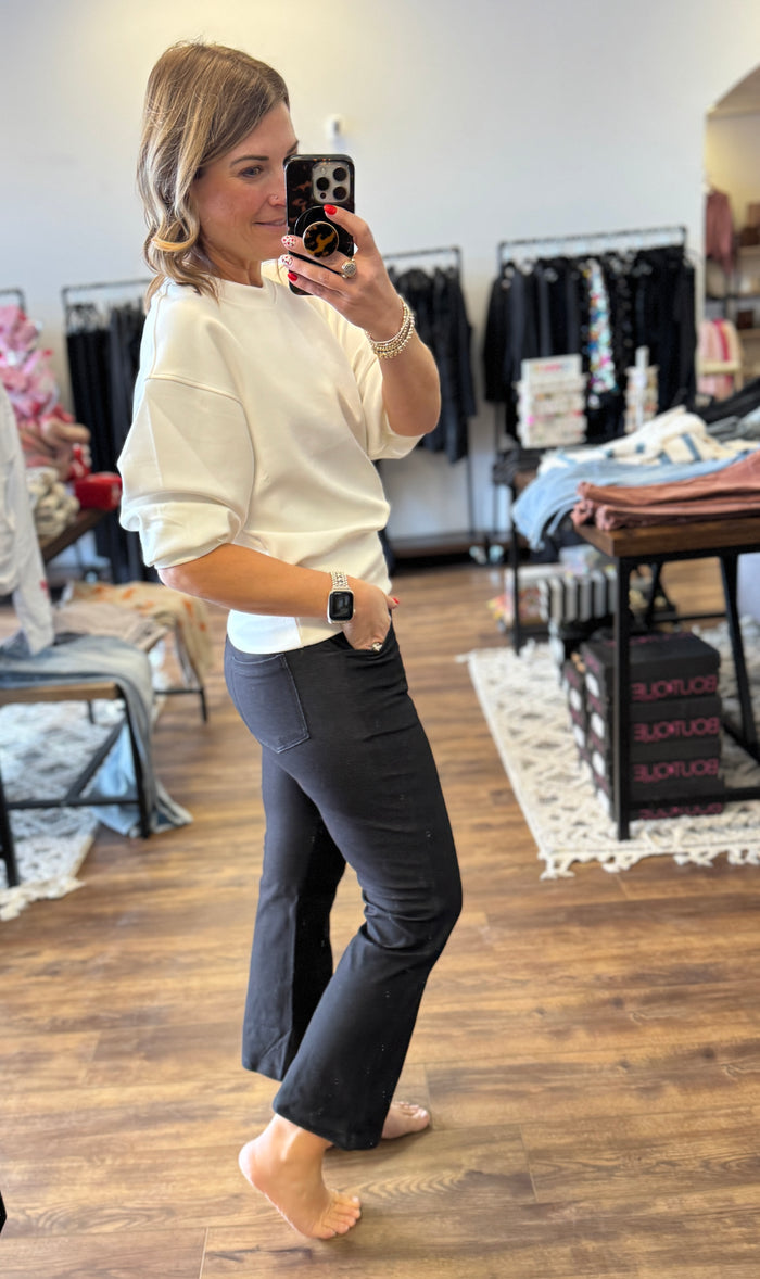 Solid Cropped Work Pants - Black