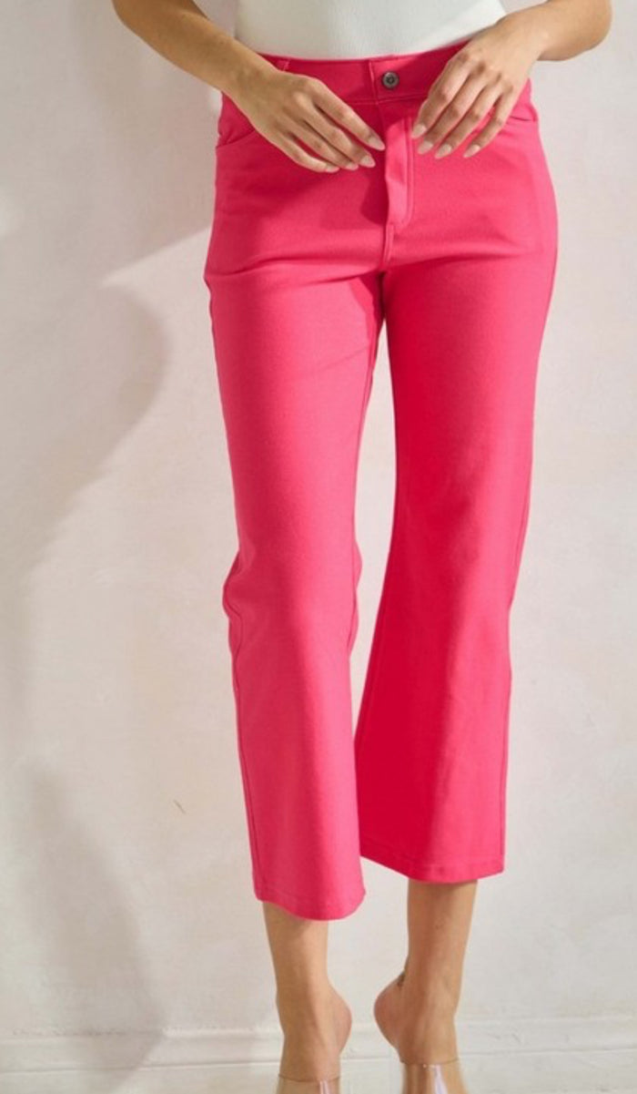 Solid Cropped Work Pants - Fuchsia