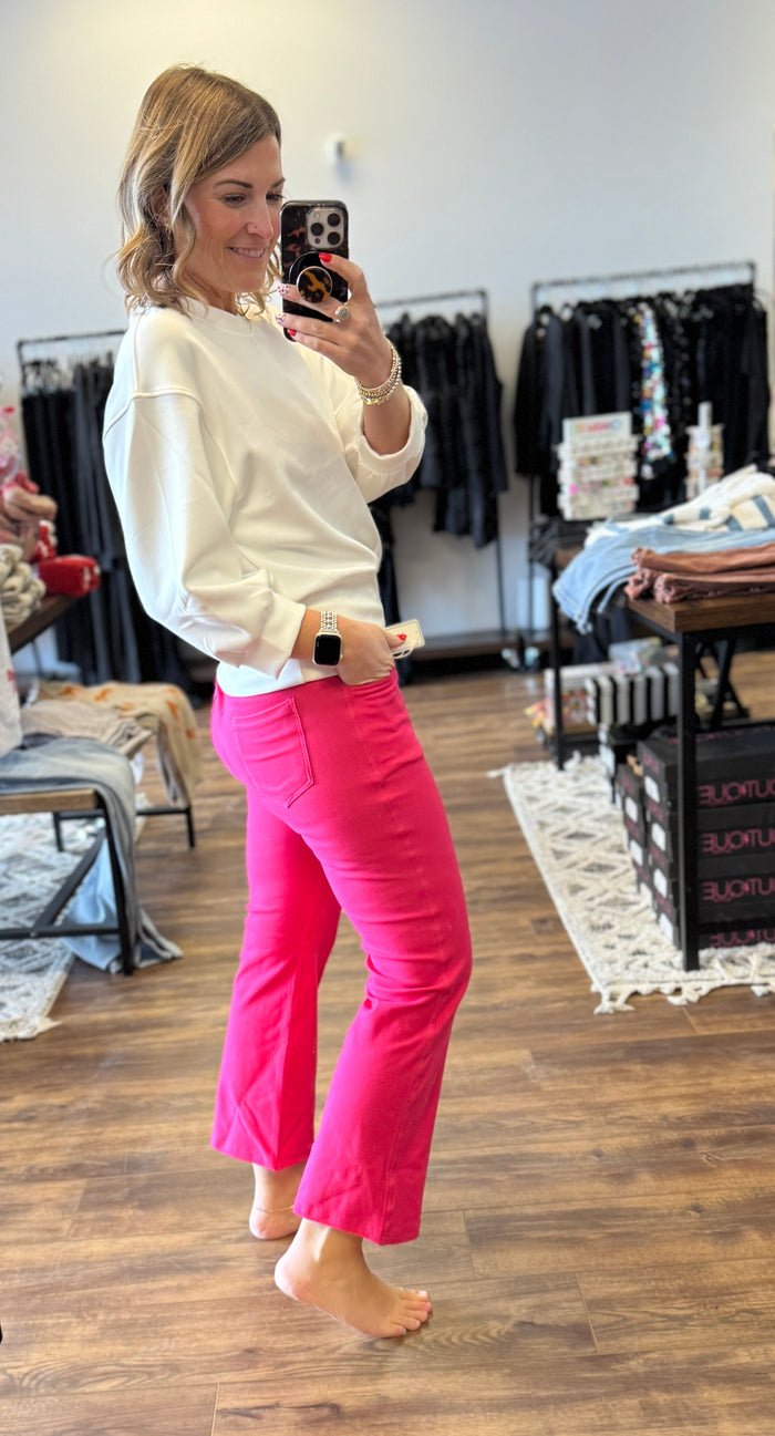 Solid Cropped Work Pants - Fuchsia