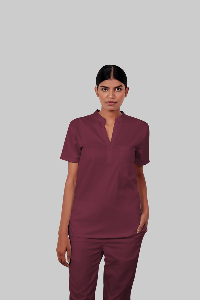 Stretchable (4Way) Women Burgundy Mandarin Neck With Jogger Scrub Set