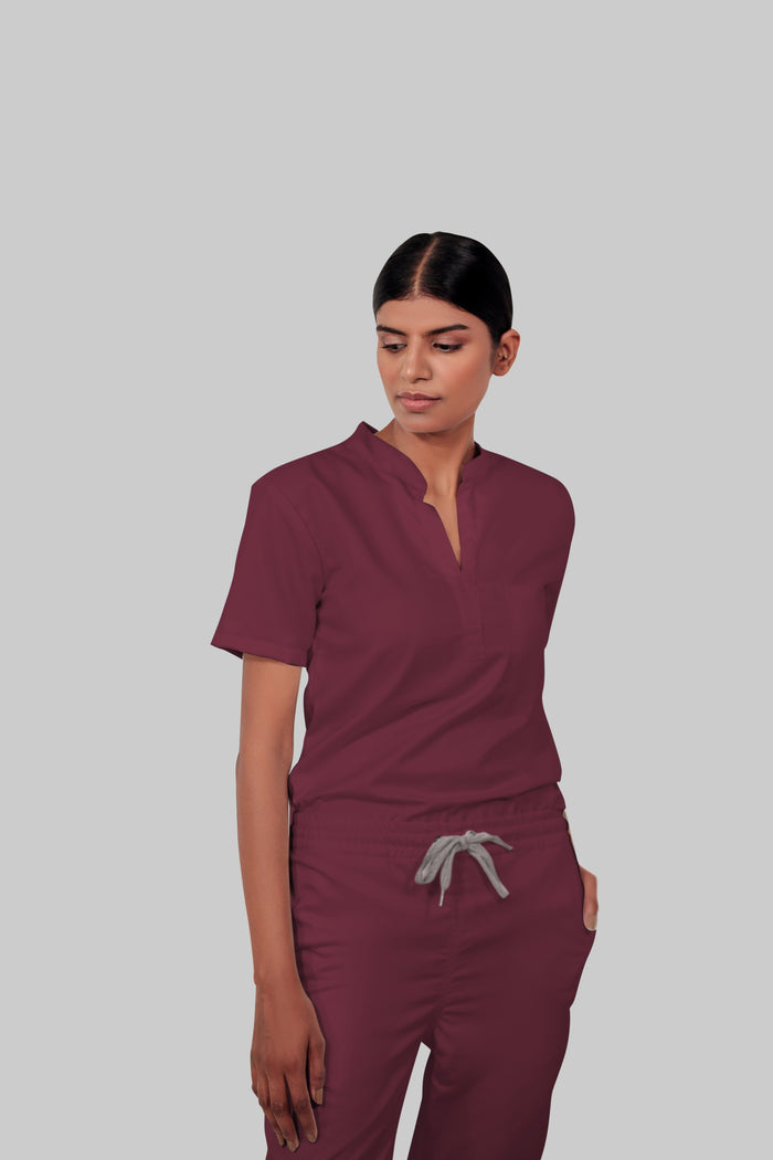 Stretchable (4Way) Women Burgundy Mandarin Neck With Jogger Scrub Set