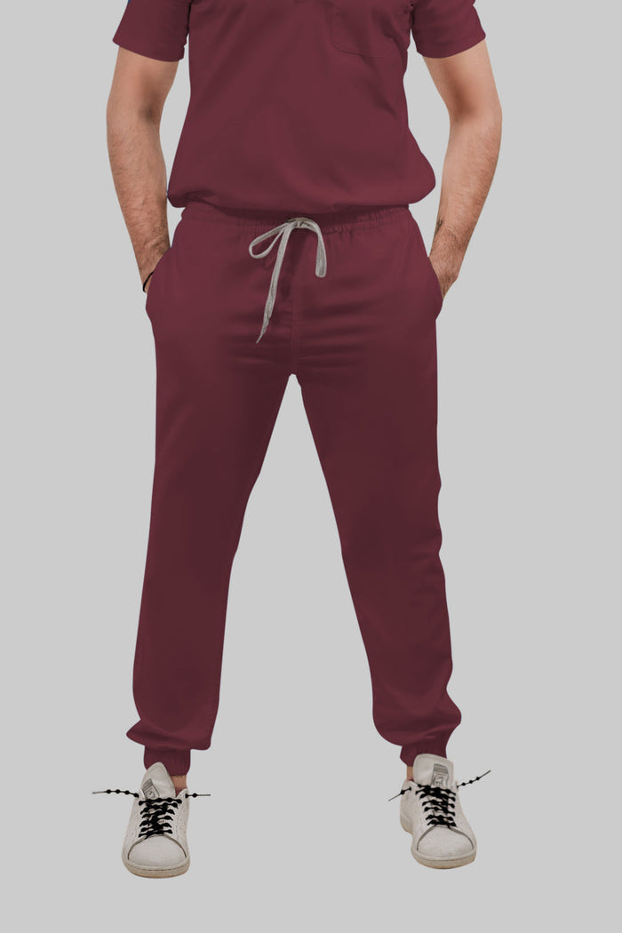 Stretchable (4Way) Women Burgundy Mandarin Neck With Jogger Scrub Set
