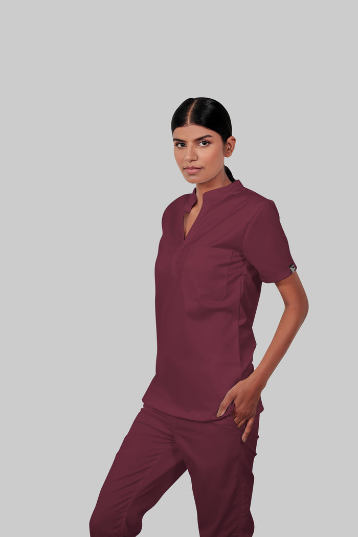 Stretchable (4Way) Women Burgundy Mandarin Neck With Jogger Scrub Set