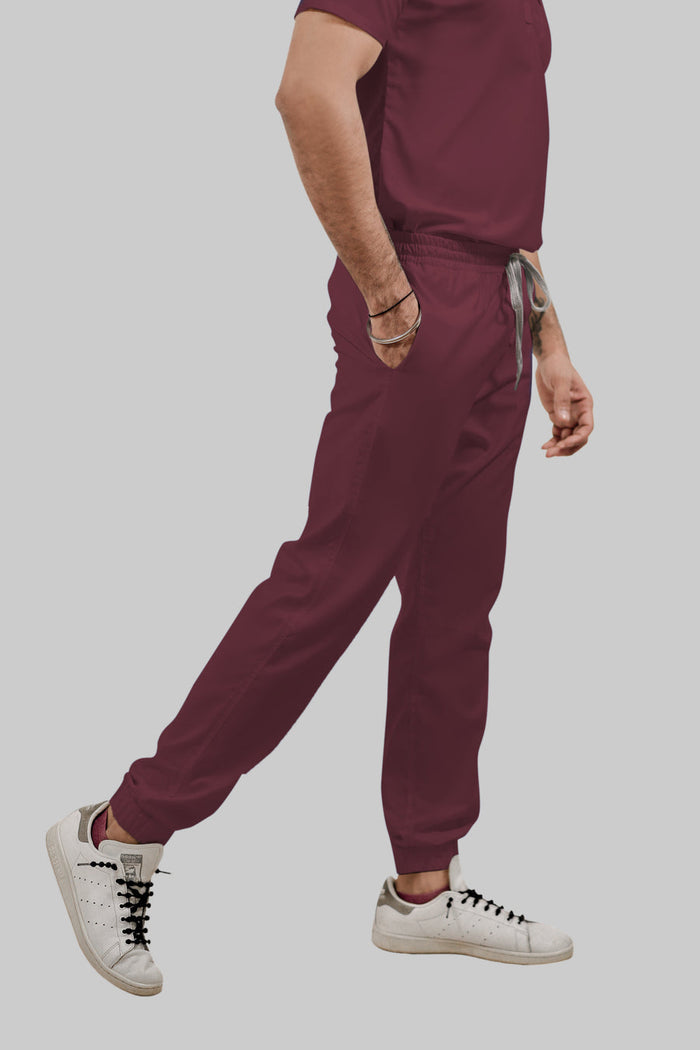 Stretchable (4Way) Women Burgundy Mandarin Neck With Jogger Scrub Set