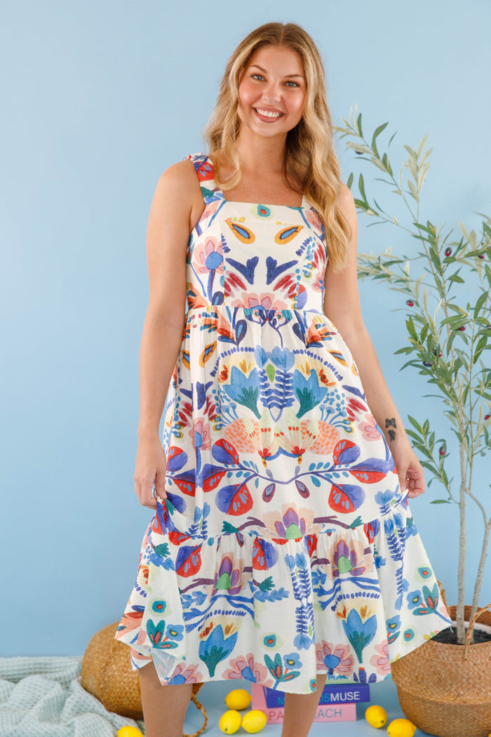 Women's Abstract Watercolor Print Dress- Mediterranean Inspired Midi Dress