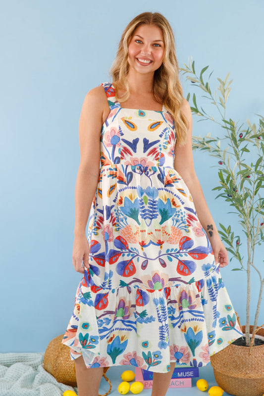 Women's Abstract Watercolor Print Dress- Mediterranean Inspired Midi Dress