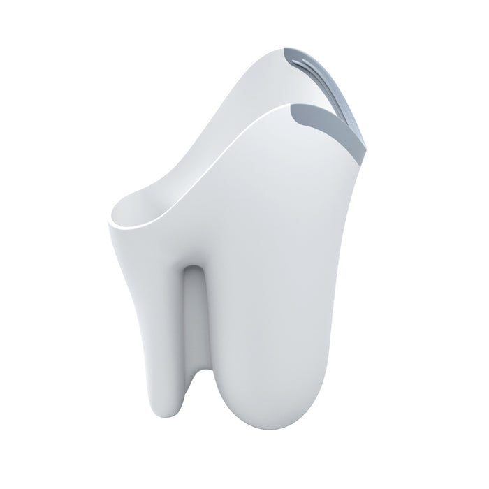 The Tear-Free Rinse Pail is a white, abstract 3D object resembling a stylized tooth with a smooth surface and subtle gray accent on the top edge, suggesting an easy-grip handle, all set against a plain white background.