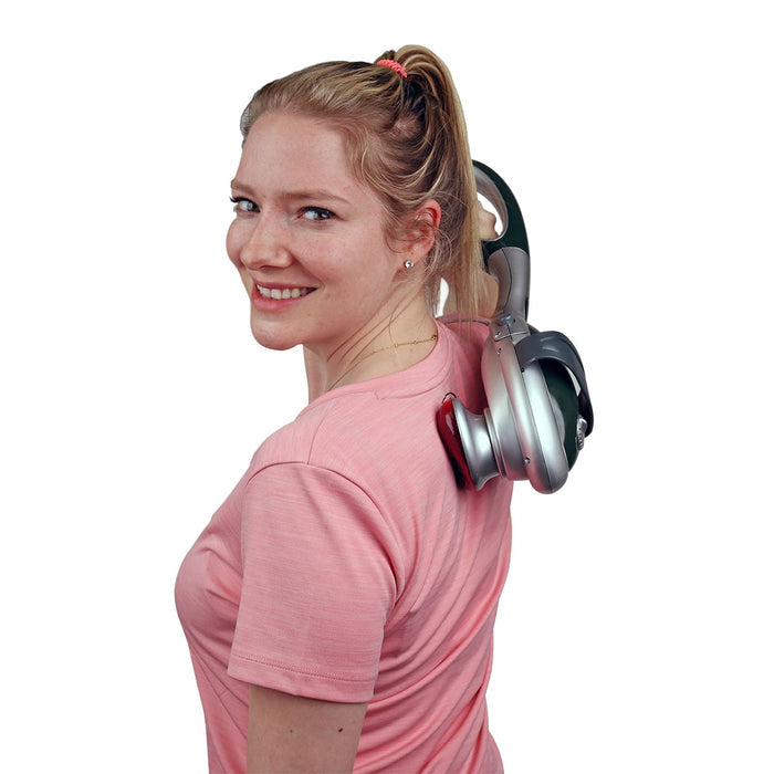 Thermo Pro 2-in-1 heated handheld massager; handheld massager with detachable palm attachment; adjustable intensity heated body massager; Thermo Pro massager with 3 massage heads; ergonomic handheld back and shoulder massager; heated handheld massager for home use