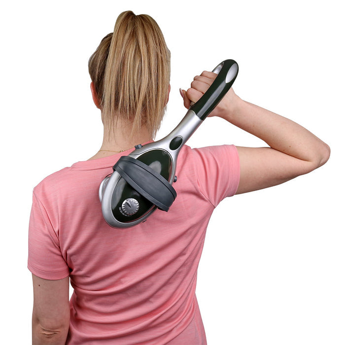 Thermo Pro 2-in-1 heated handheld massager; handheld massager with detachable palm attachment; adjustable intensity heated body massager; Thermo Pro massager with 3 massage heads; ergonomic handheld back and shoulder massager; heated handheld massager for home use