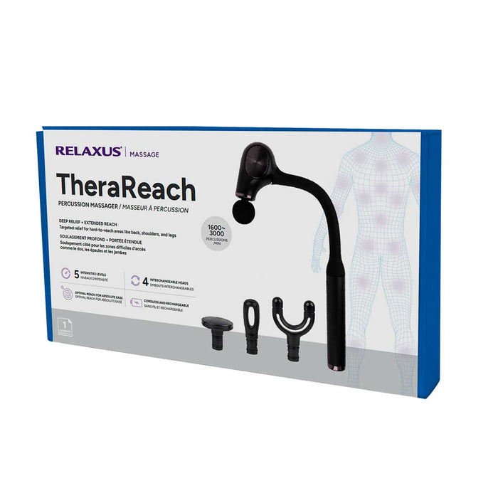TheraReach percussion electric massager; cordless long-reach massage gun; percussion massager with four interchangeable heads; rechargeable back and shoulder massager; five-speed percussion massage device; ergonomic long-handle electric massager; TheraReach massager with brushless motor; portable percussion massager for home use