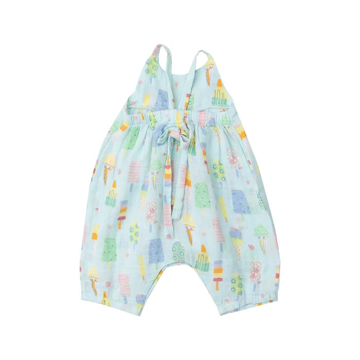 Back view of Angel Dear Fruit Dream Popsicles tie back romper showing straps and relaxed muslin fit.