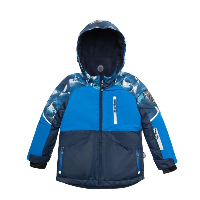 Front view of Deux par Deux boys Royal Blue winter jacket with penguin print sleeves and zip closure.