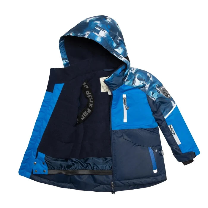Open view of Deux par Deux boys snowsuit jacket showing fleece lining, hood, and wind stopper placket.