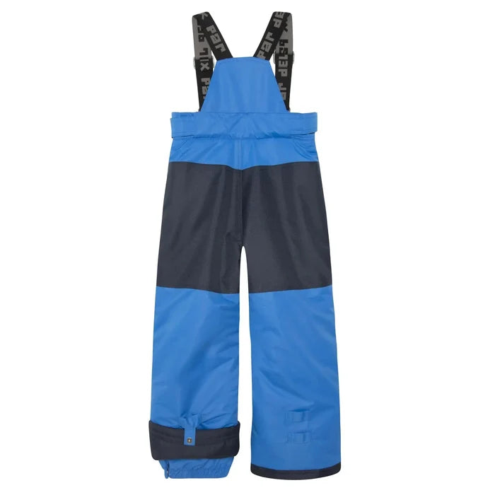 Front view of Deux par Deux boys Royal Blue snow pants with adjustable logo straps and reinforced panels.