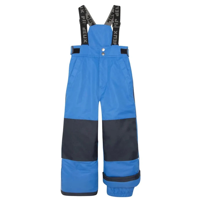 Back view of Deux par Deux boys Royal Blue snow pants with suspenders and reinforced lower legs.