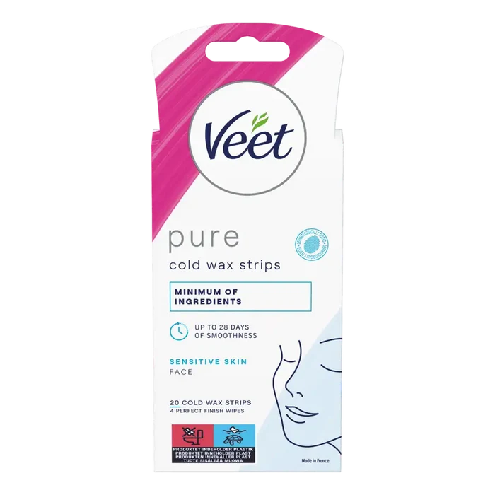 Veet Pure kalde voksstrips for sensitiv hud i ansiktet, 20 stk med våtservietter