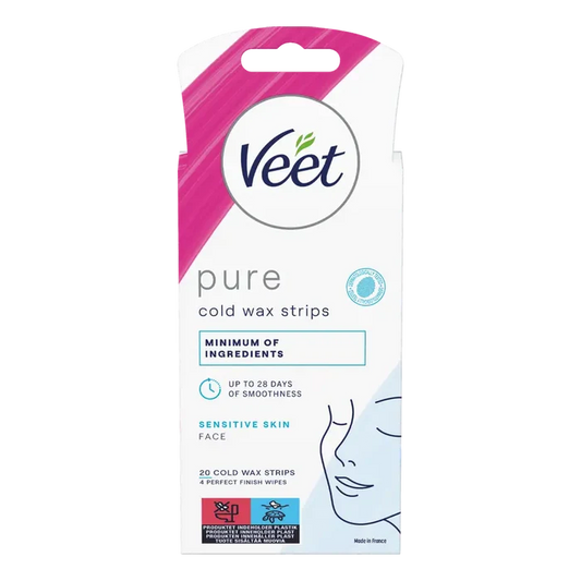 Veet Pure kalde voksstrips for sensitiv hud i ansiktet, 20 stk med våtservietter