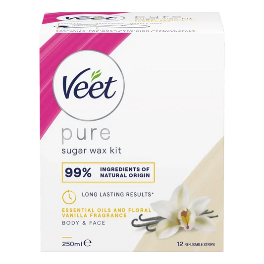 Veet Pure Sugar Wax Kit kropp & ansikt i hvit boks med rosa og beige detaljer, 250ml med 12 gjenbrukbare strips