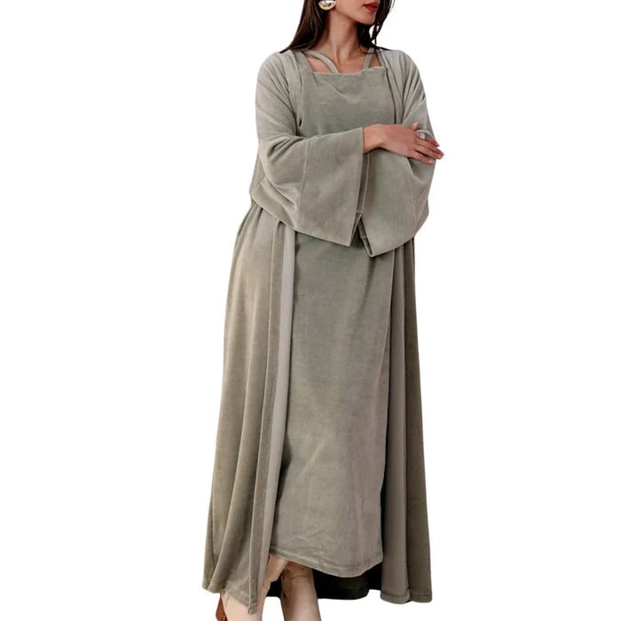 HAWA Velvet Kimono & Dress Set - Olive in Kuwait - Waha Lifestyle