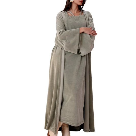 HAWA Velvet Kimono & Dress Set - Olive in Kuwait - Waha Lifestyle