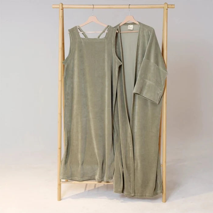 Velvet Kimono & Dress Set - Olive