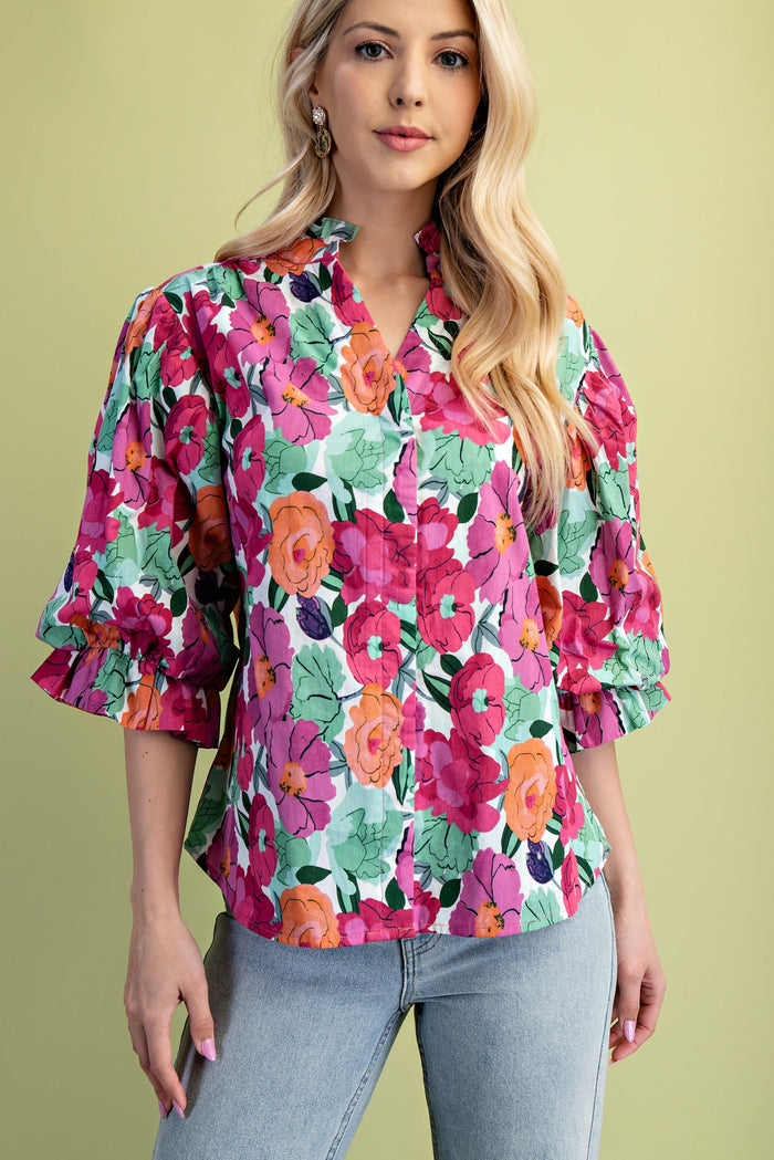 Vibrant in Florals Puff Sleeve Button Down Top
