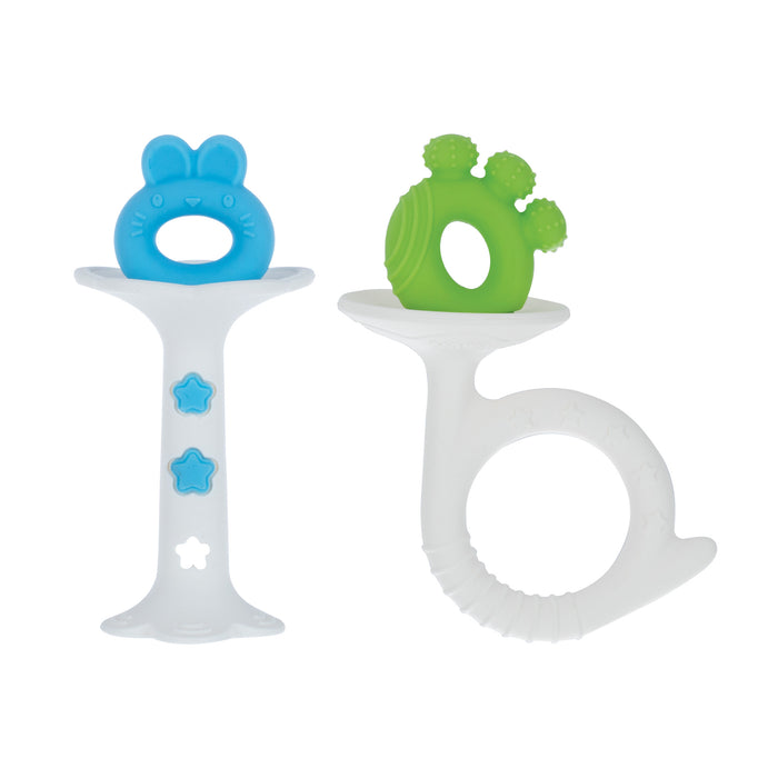 The Nuby Wand and Tuba Teether Set | Blue & Green features a bunny-shaped teether with a blue top and star buttons, plus a green textured teether with a white ring handle—both made of silicone for gentle relief.