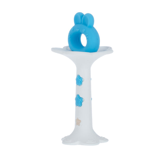 The Nuby Wand and Tuba Teether Set in Blue & Green features a stand with star decorations and a blue bunny-shaped silicone teether—perfect for soothing your baby’s teething discomfort.