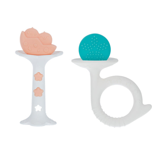 The Wand and Tuba Teether Set | Coral & Aqua includes a hippo-shaped coral teether with star buttons and a white teether with an aqua circular top and ring handle. These silicone teethers provide soothing teething relief for babies.