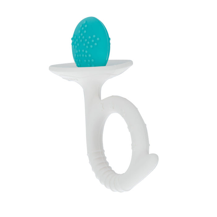 The Wand and Tuba Teether Set in Coral & Aqua features a ring handle and textured oval top, providing soothing teething relief for babies.