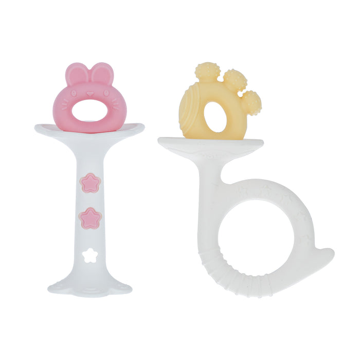 The Wand and Tuba Teether Set | Pink & Yellow includes two teething toys with white handles: a pink bunny-shaped silicone teether with star accents and a yellow teether featuring a bumpy top and circular handle for gentle relief.