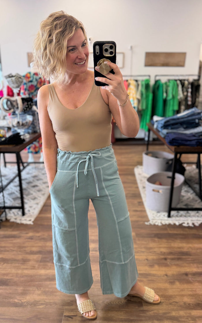 Washed Terry Wide Leg Pants - Ash Jade
