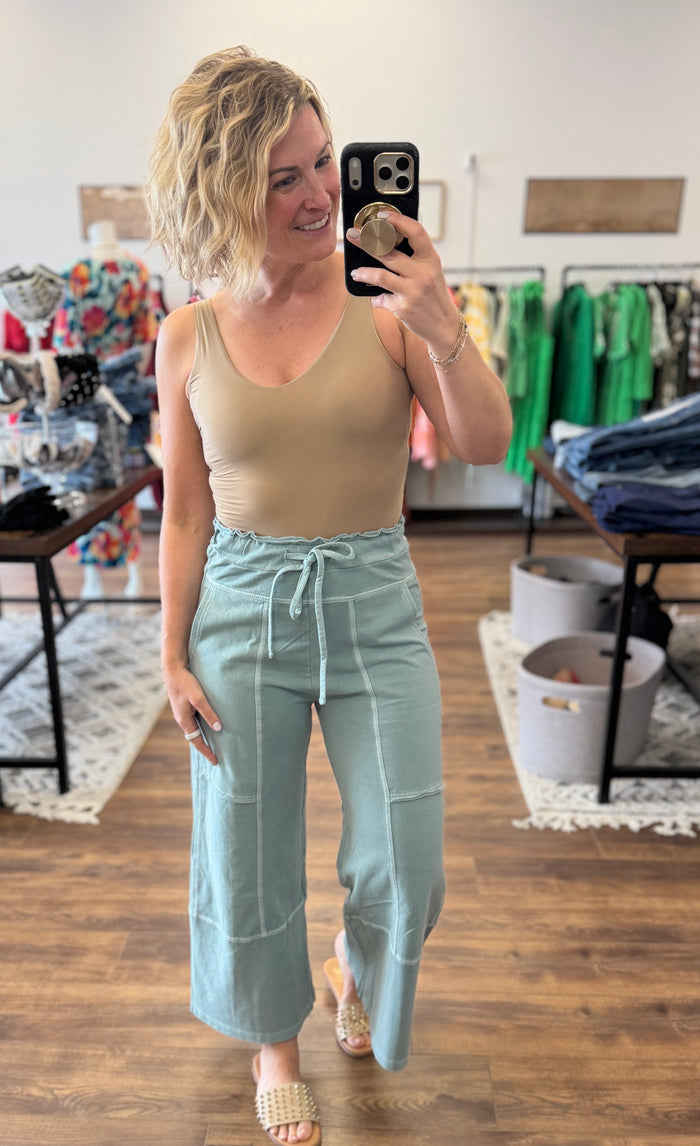 Washed Terry Wide Leg Pants - Ash Jade