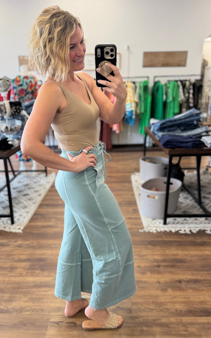 Washed Terry Wide Leg Pants - Ash Jade