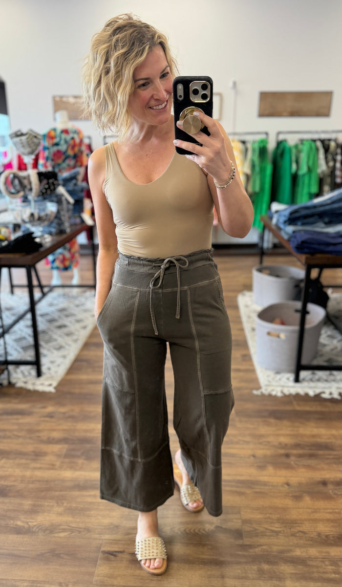 Washed Terry Wide Leg Pants - Brown