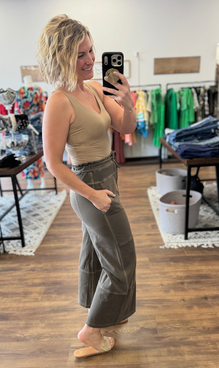 Washed Terry Wide Leg Pants - Brown
