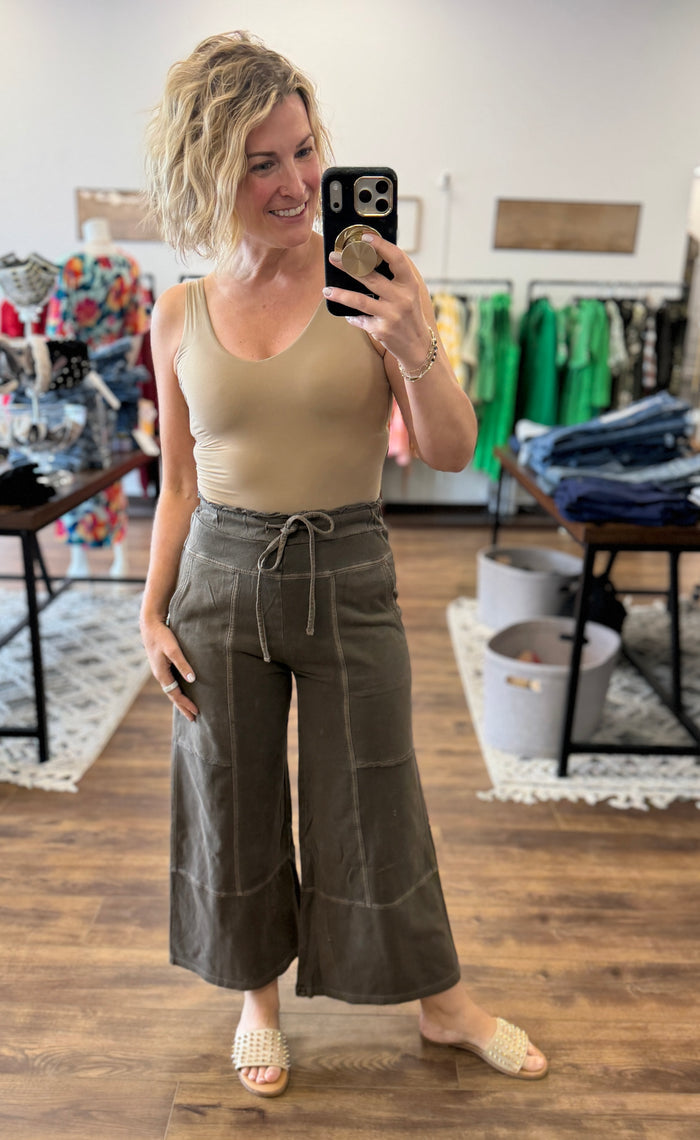 Washed Terry Wide Leg Pants - Brown