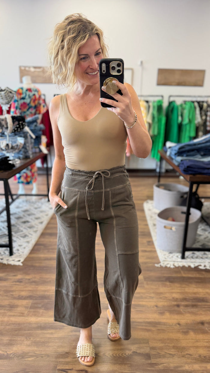 Washed Terry Wide Leg Pants - Brown