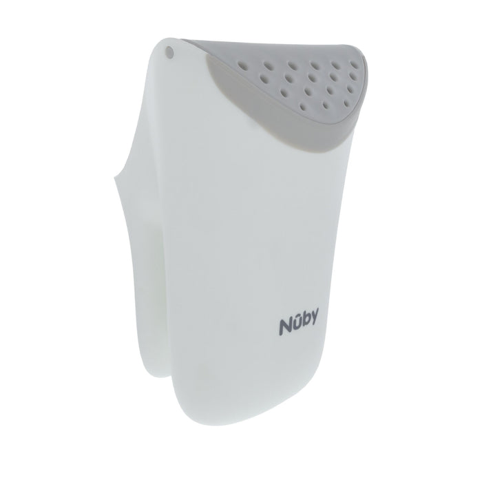 The Nuby Waterfall Rinse Pail is a white silicone bath pail with a soft gray edge and small drainage holes, designed for gentle, tear-free rinsing. The Nuby logo appears on the lower front.