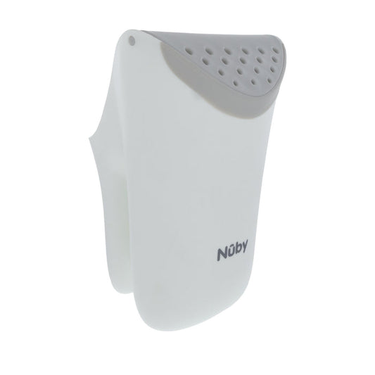 The Nuby Waterfall Rinse Pail is a white silicone bath pail with a soft gray edge and small drainage holes, designed for gentle, tear-free rinsing. The Nuby logo appears on the lower front.