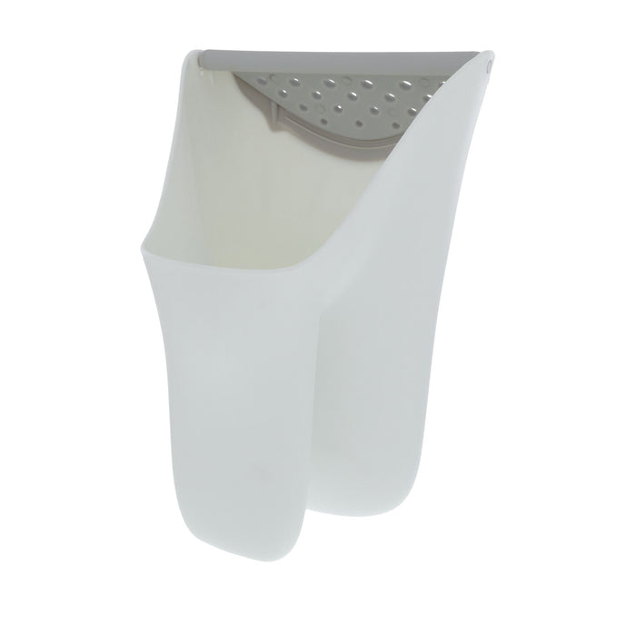 The Nuby Waterfall Rinse Pail is a white plastic hanging sink caddy with a perforated top for draining and a spacious pocket—ideal for storing sponges, cleaning supplies, or baby bath essentials.