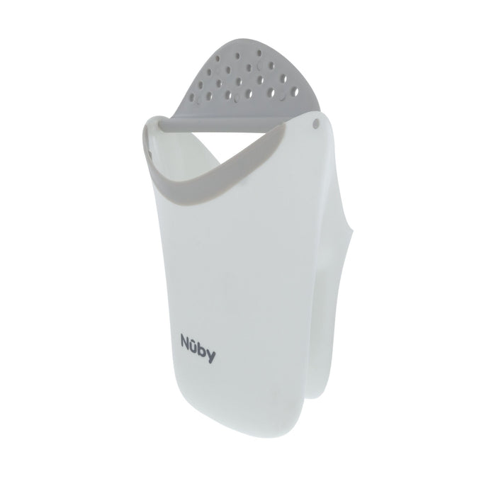 A white silicone Nuby bib with a deep pocket and gray adjustable strap stands upright on a plain background—ideal for meals or pairing with the Nuby Waterfall Rinse Pail for a tear-free bath.