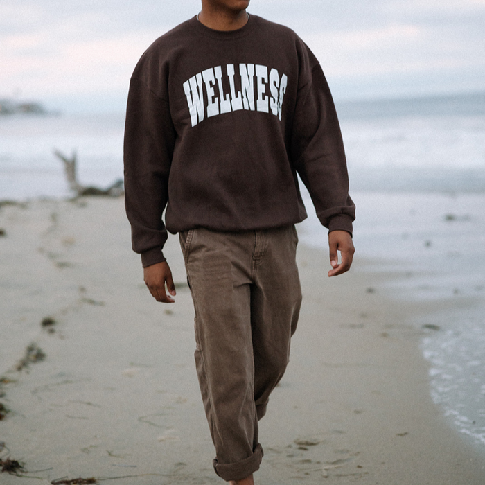 Person walking on the beach wearing a dark brown Wellness Varsity Unisex Crew Neck Sweatshirt | Lucky Owl, paired with casual rolled-up brown pants.