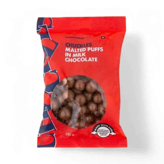 Woolworths CHUCKLES® Chocolate & Malted Puffs 250g in red packaging.