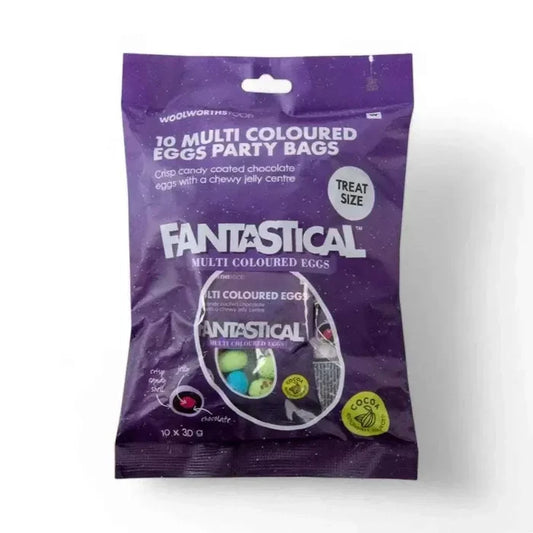 Woolworths Fantastical multicoloured candy-coated chocolate eggs party pack with chewy jelly centre, 10x30g bags